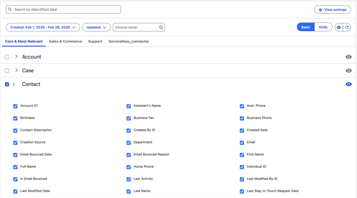 Select the Salesforce objects you need in Power BI, expand each to choose individual fields.