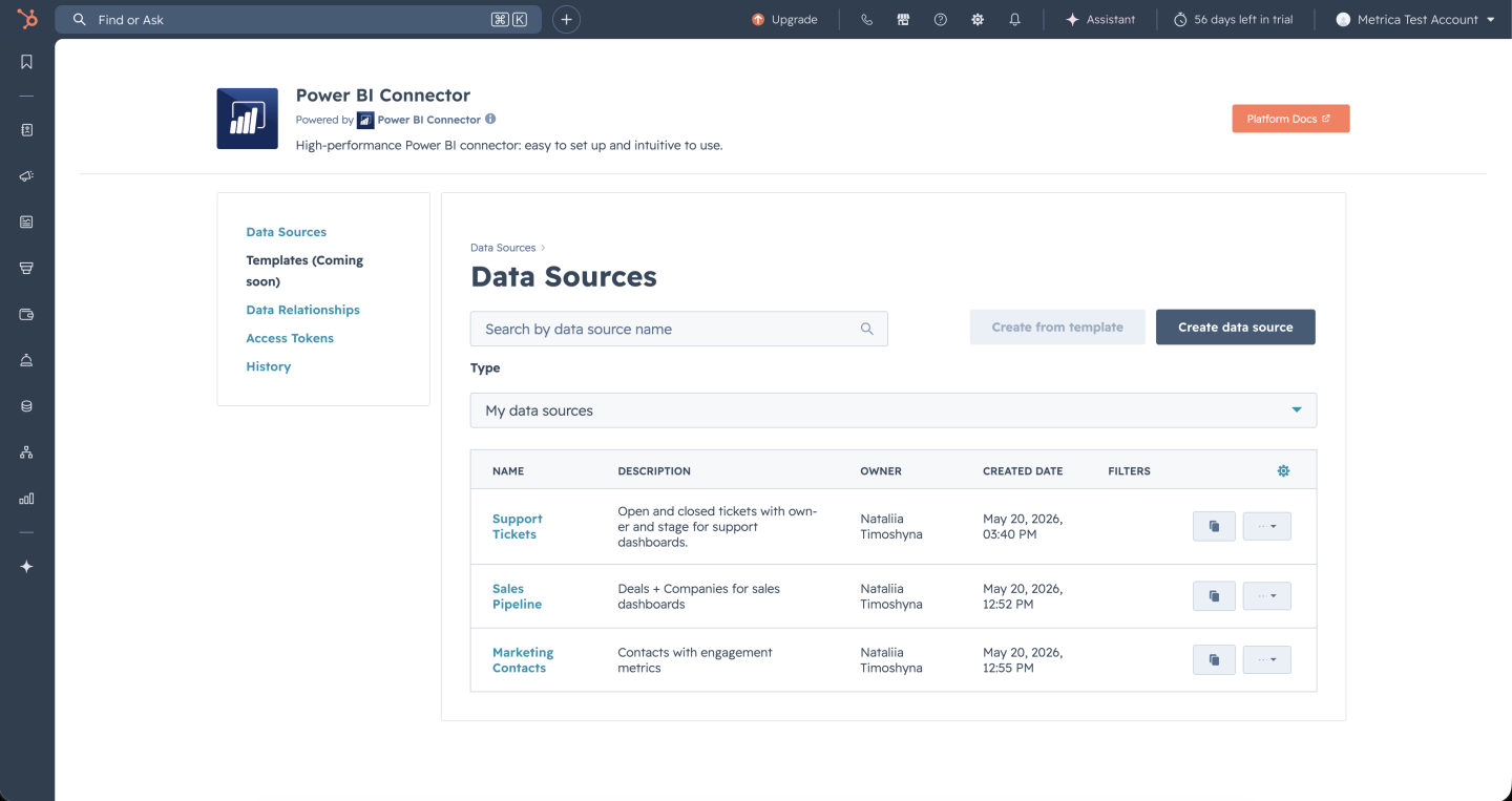 data sources list with new row