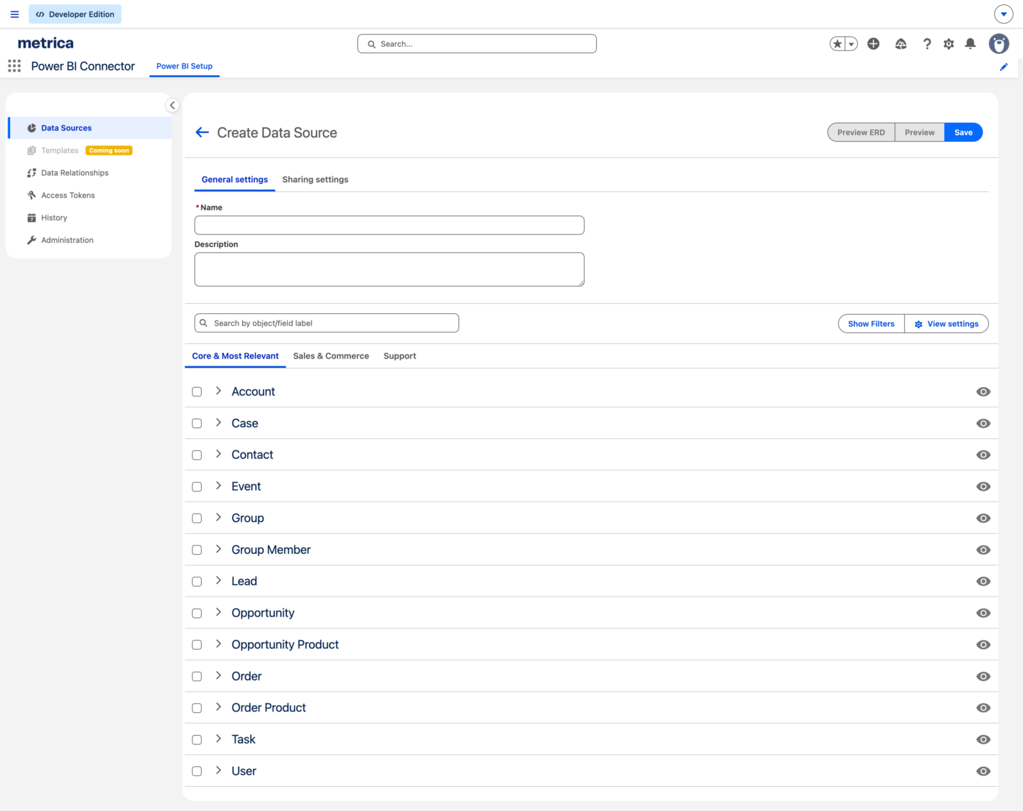 Open the Power BI Connector application, go to Data Sources, and click Create data source