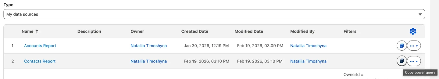 In the Data Sources list, click the Power Query copy icon next to your data source.