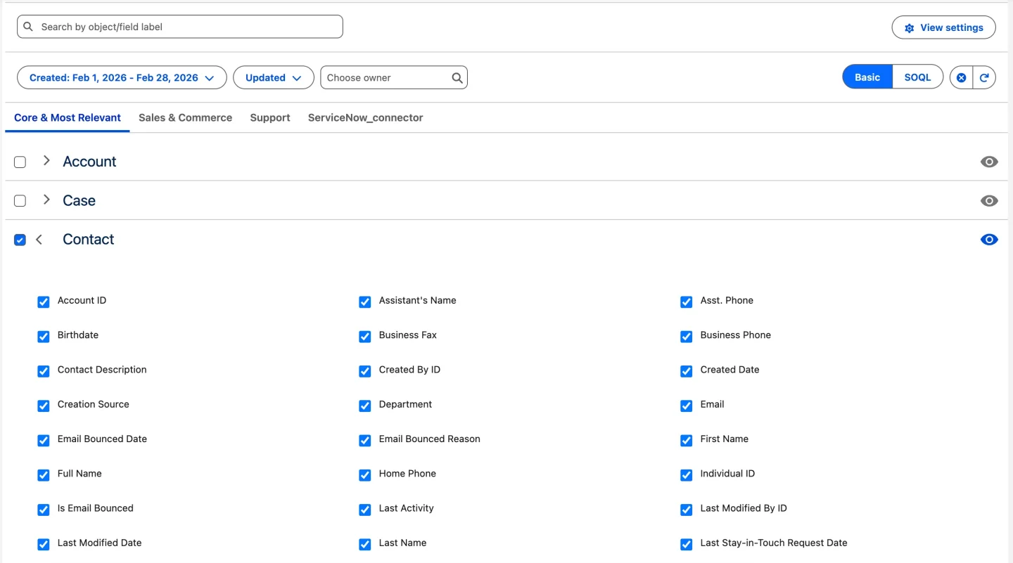 Select the Salesforce objects you need in Power BI, expand each to choose individual fields.