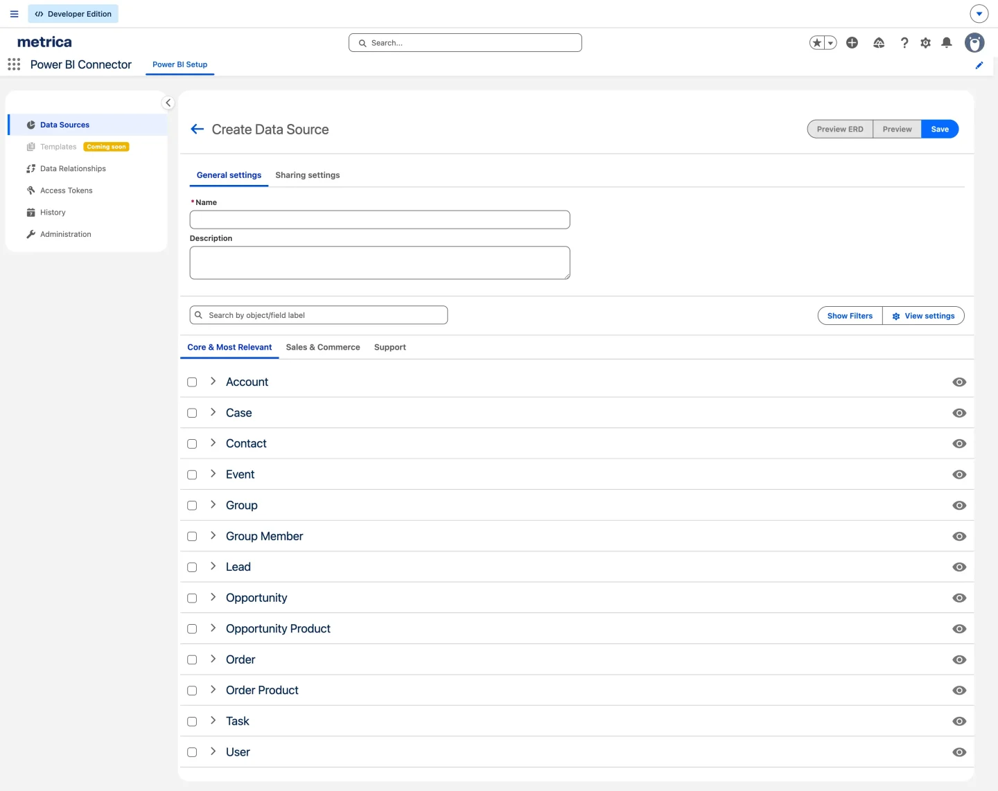 Open the Power BI Connector application, go to Data Sources, and click Create data source