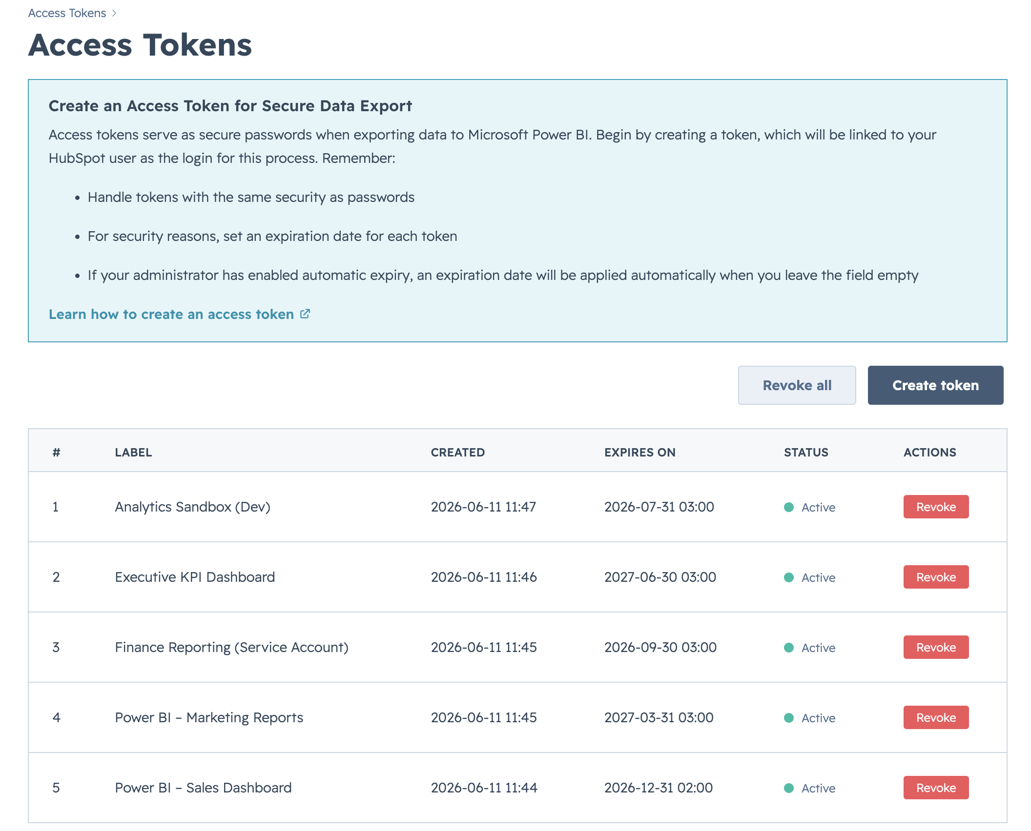Access Tokens page — list of your active tokens