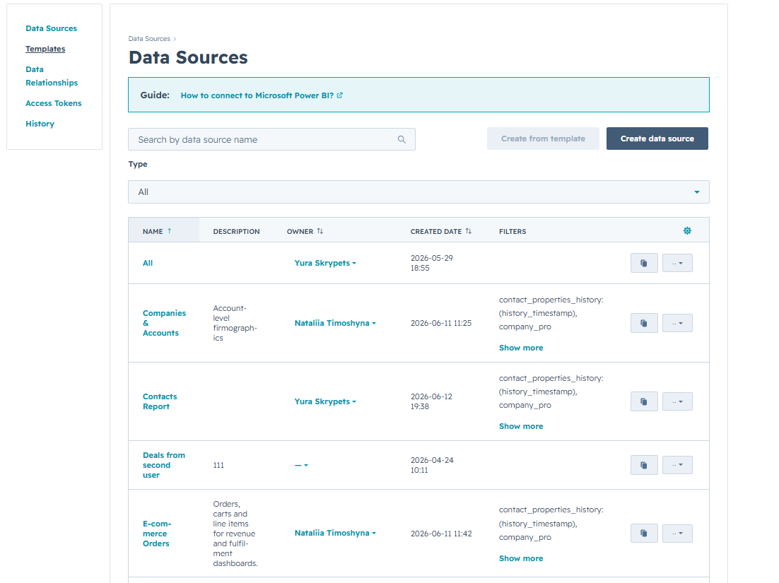 Data Sources list — All filter showing owners