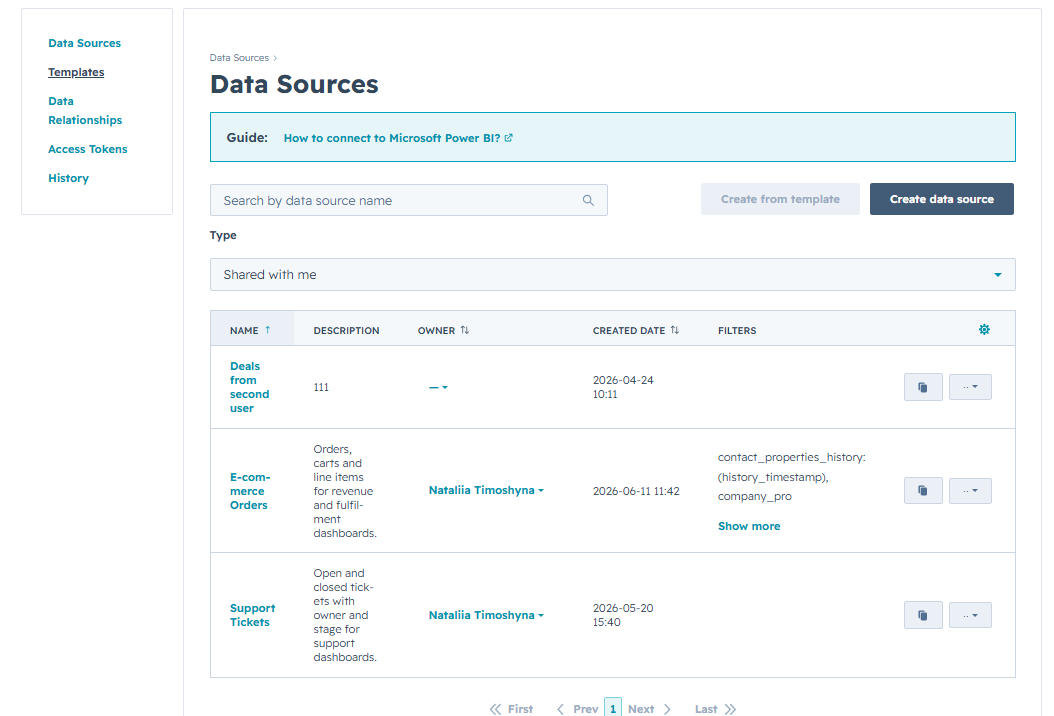 Data Sources list — Shared with me filter