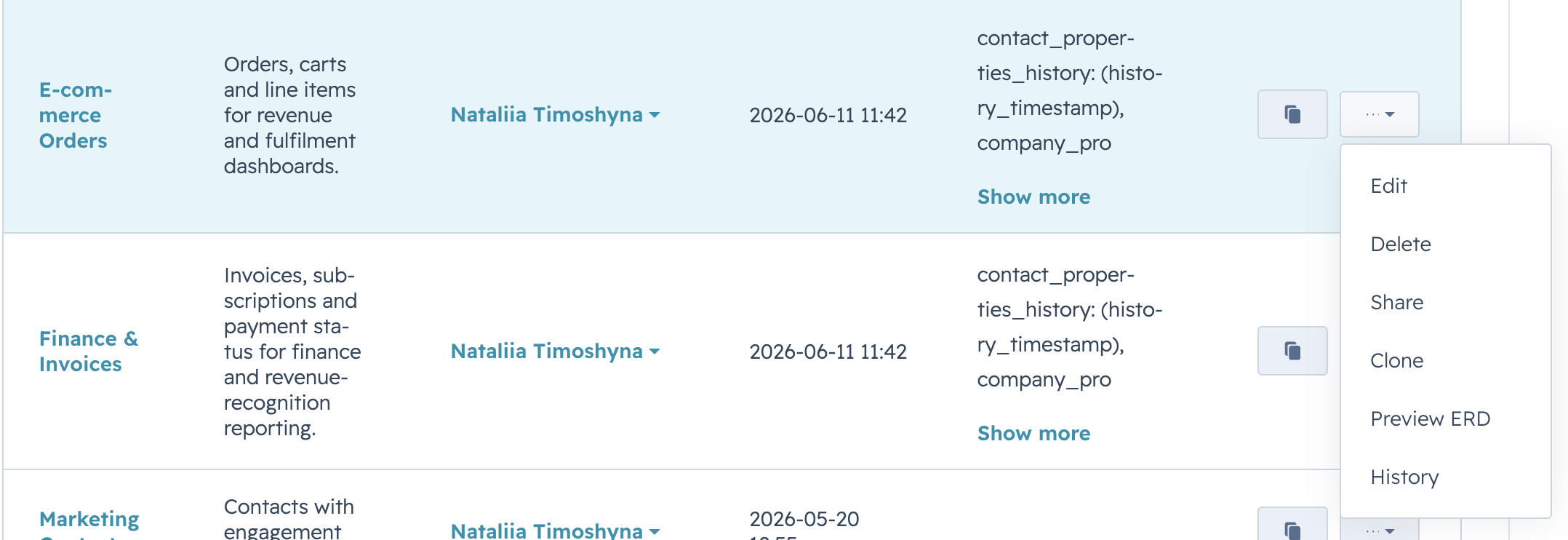 Data Sources list — Clone in the row Actions menu