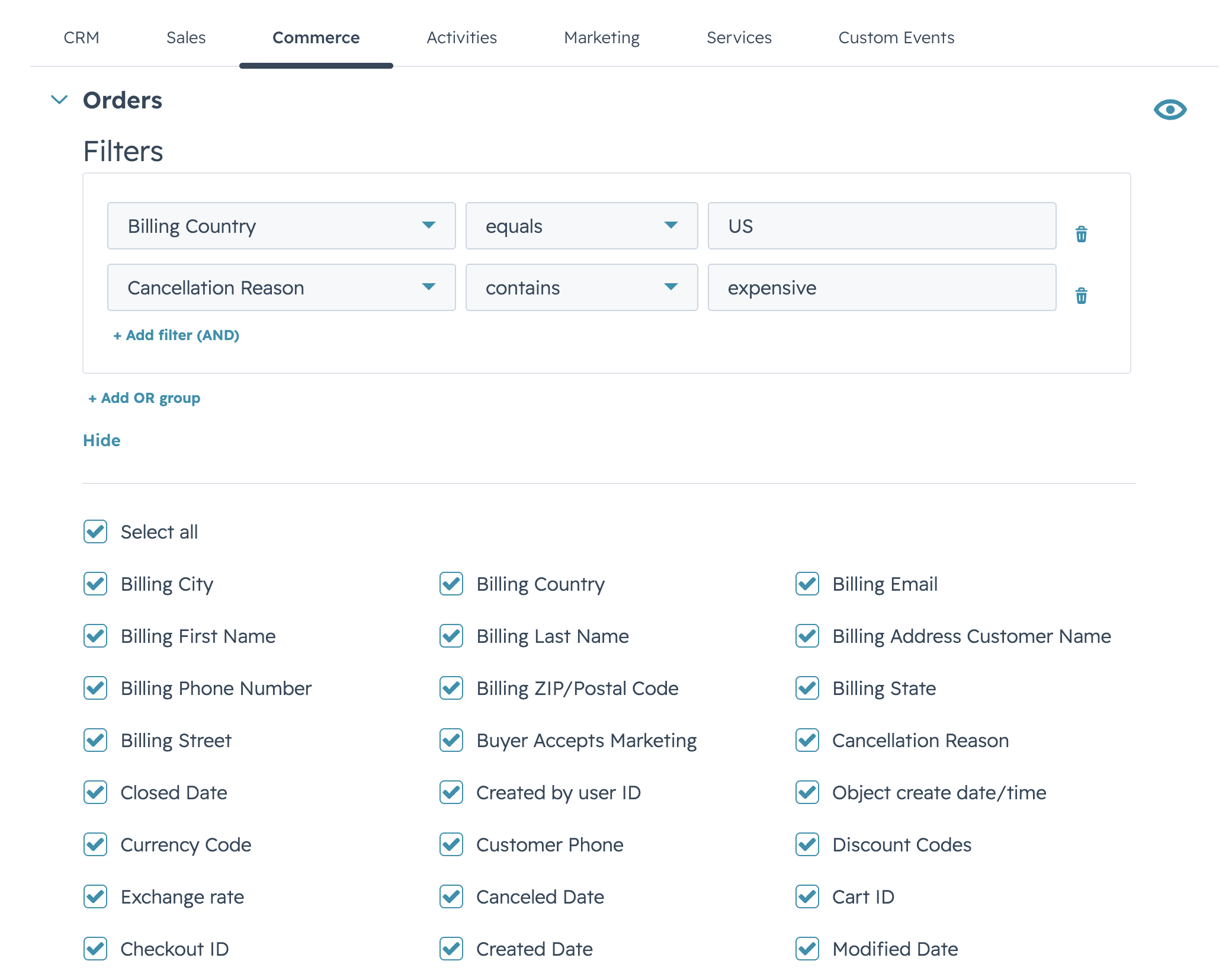 Filters &mdash; visual builder with multiple AND/OR conditions