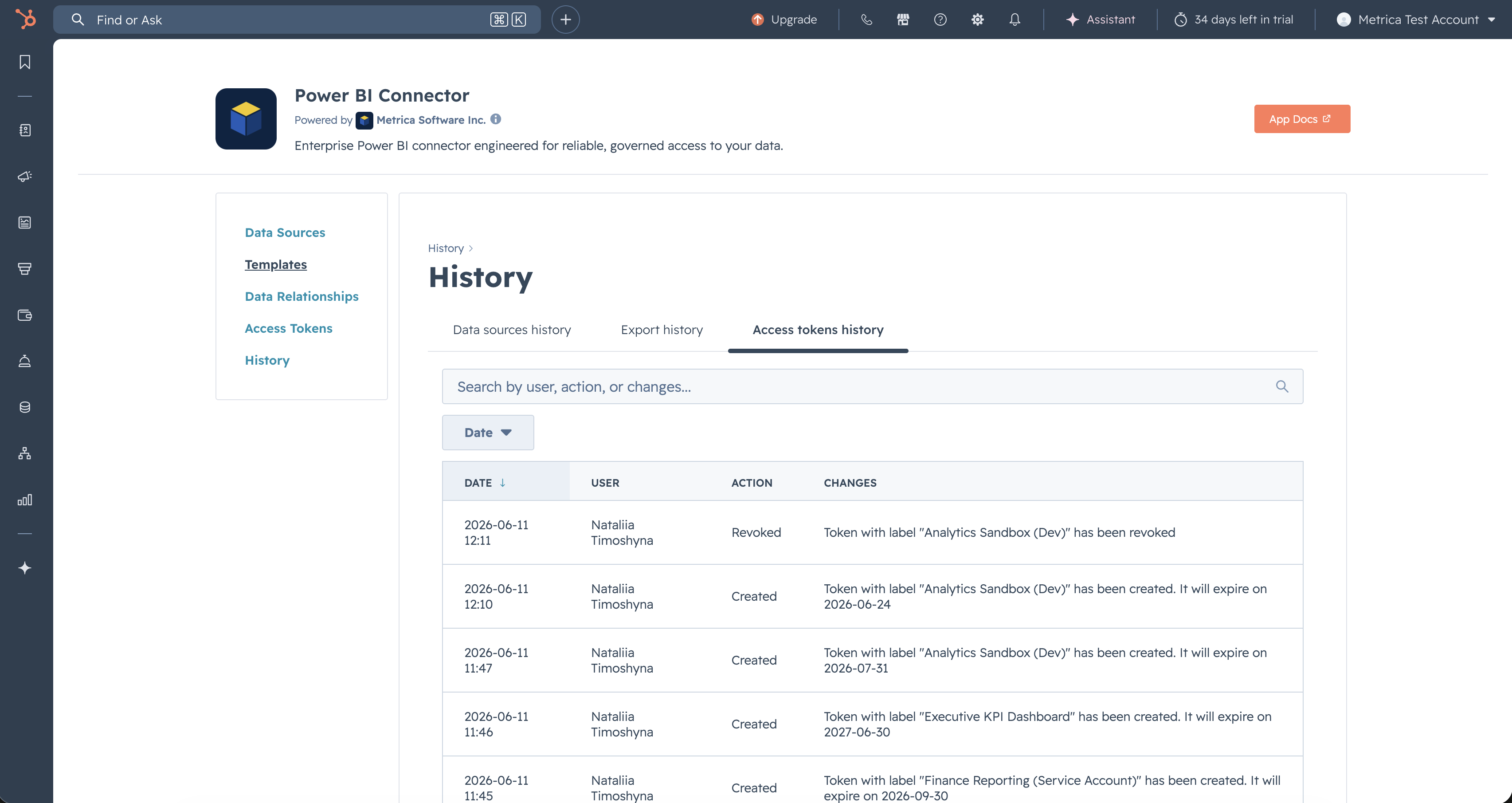 History — Access Tokens tab