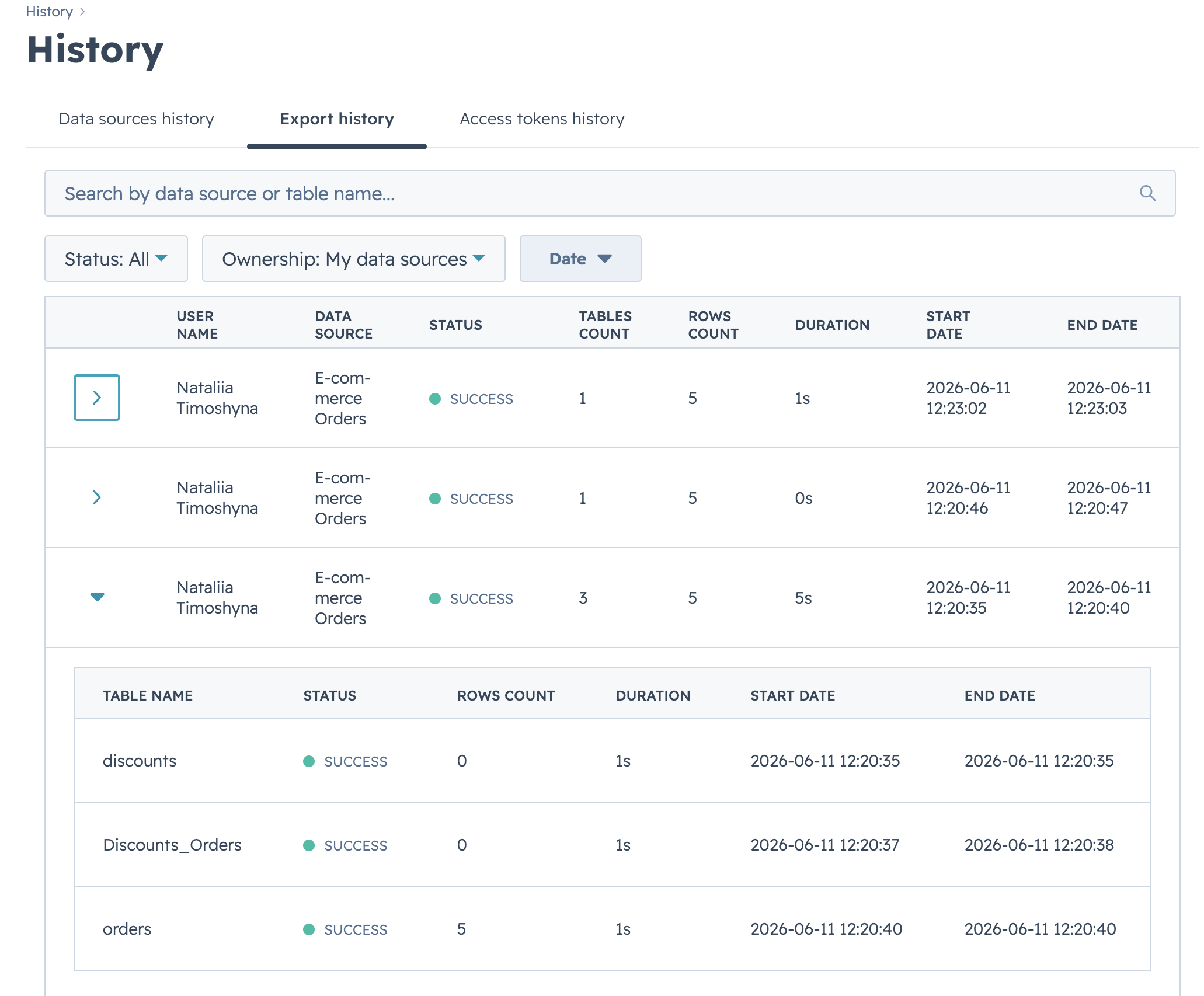 Export history — row expanded showing per-table outcomes