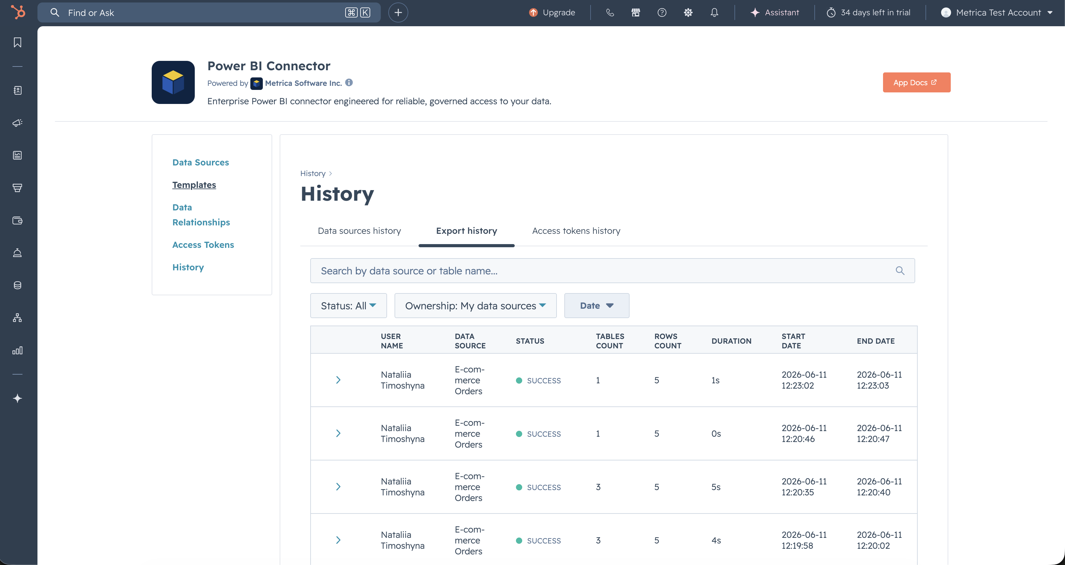History — Export history tab