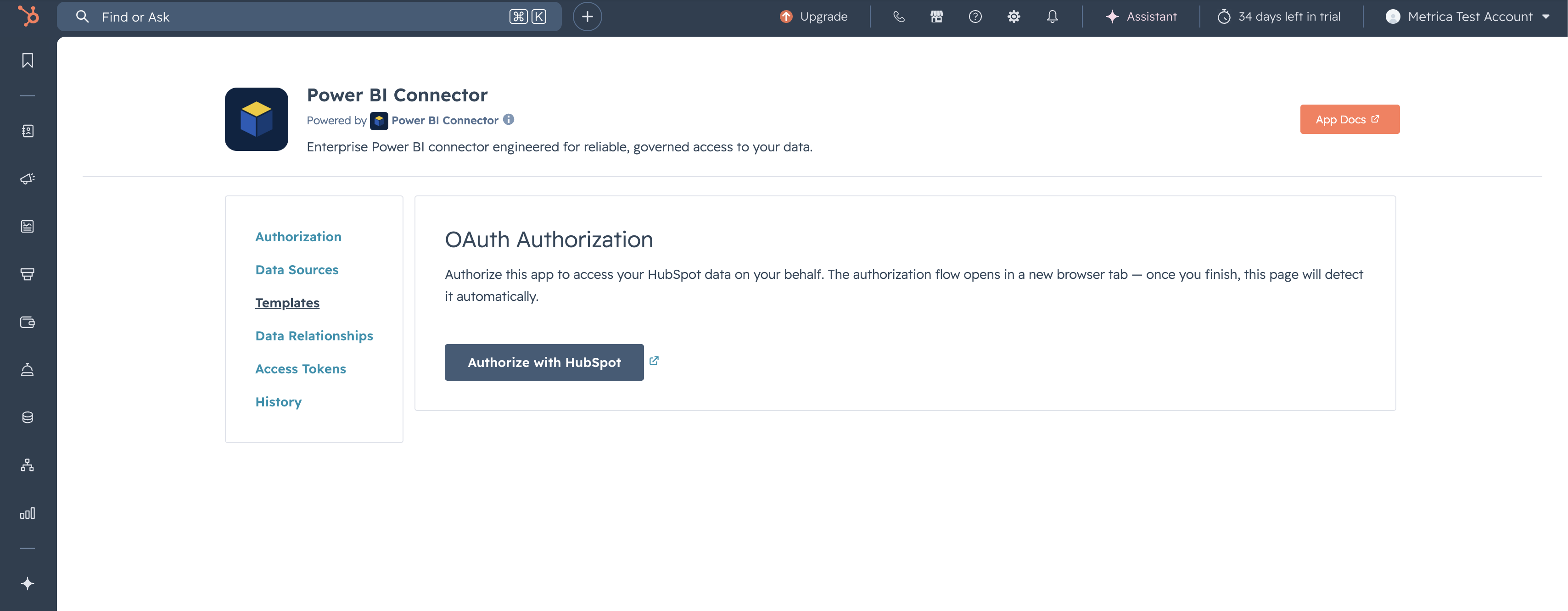 Power BI Connector inside HubSpot — Authorize with HubSpot