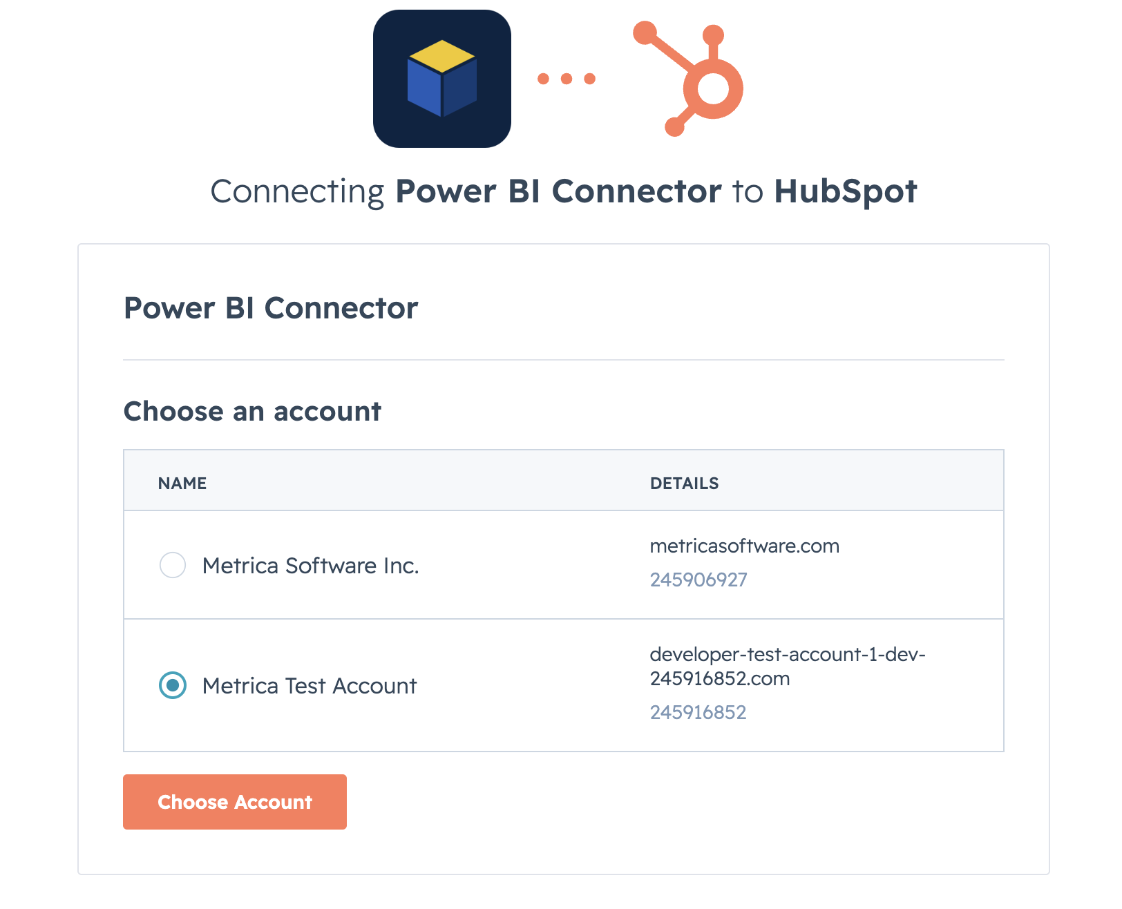 HubSpot OAuth — account chosen, Choose Account button enabled