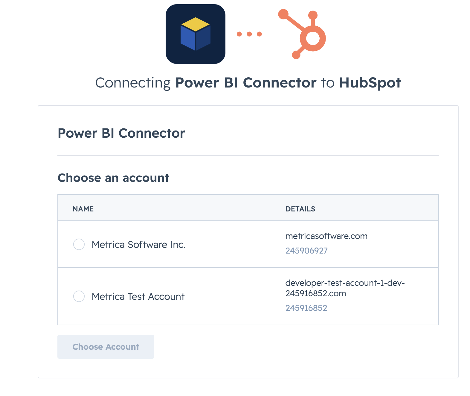 HubSpot OAuth — choose an account
