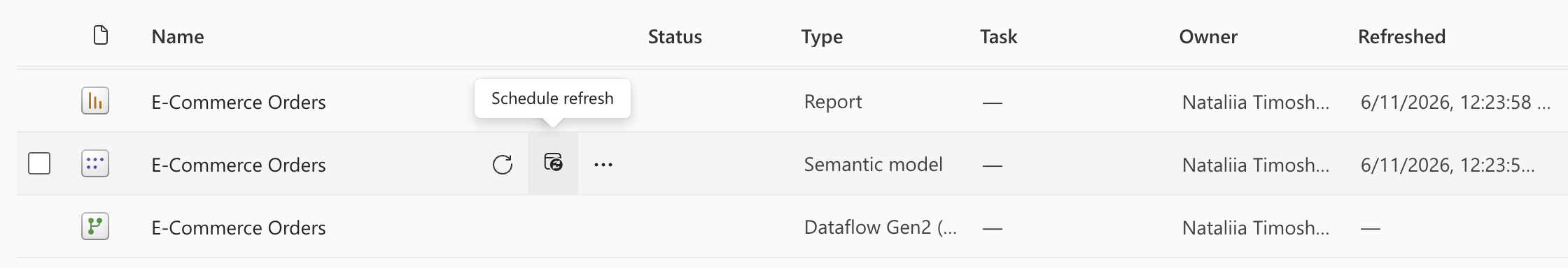 Power BI workspace — Schedule refresh button on a Semantic model row