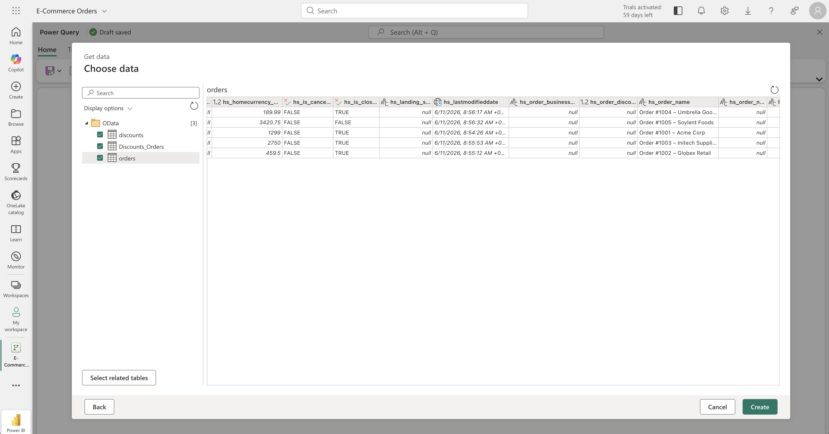 Power Query — Choose data, browse OData tables