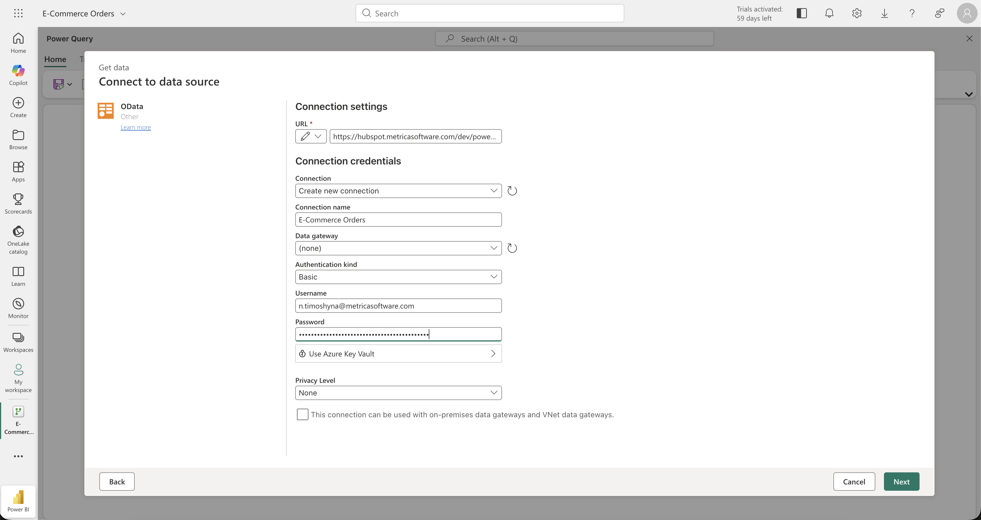 Power Query — Connect to OData (URL + Basic auth)