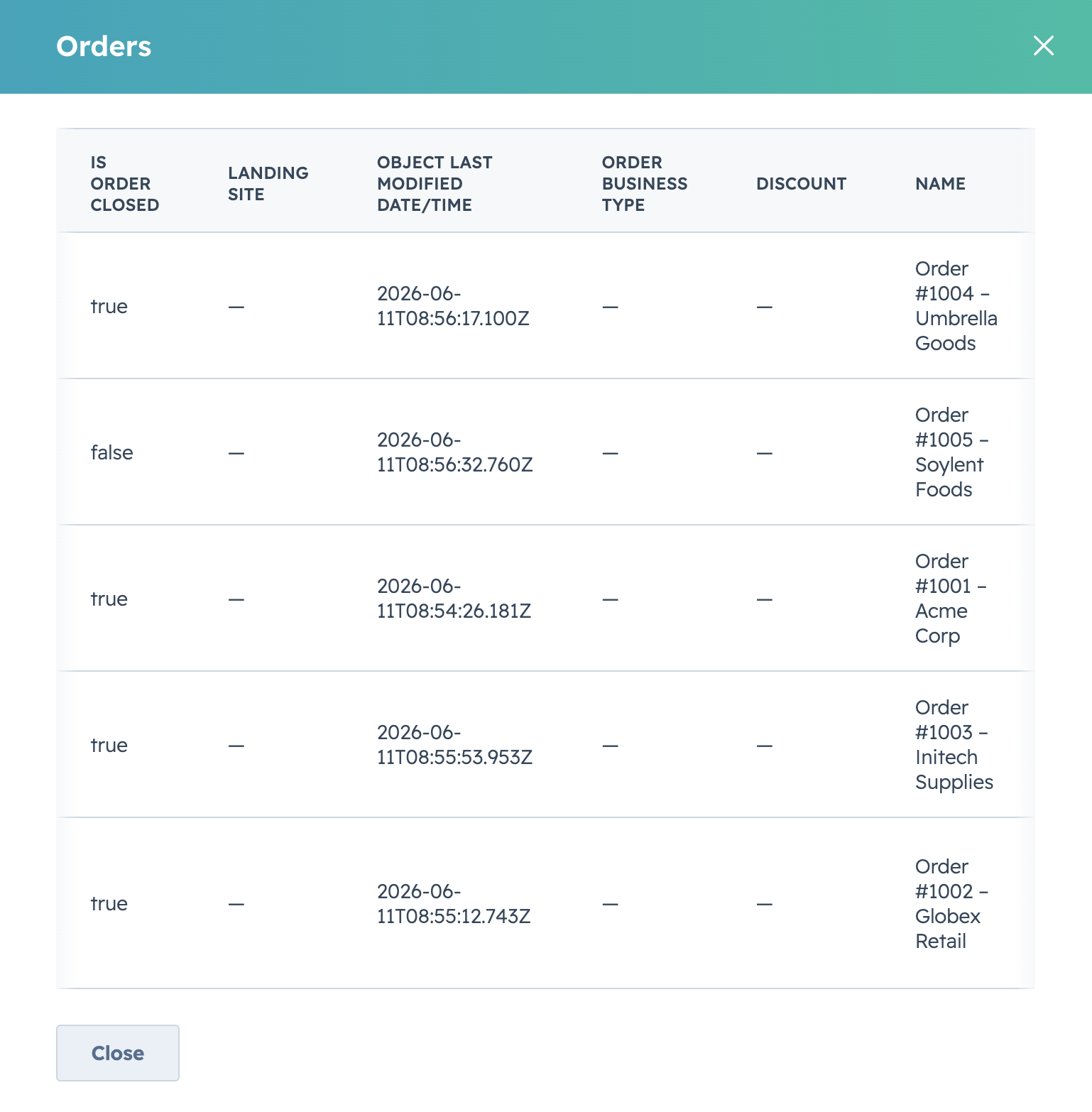 Per-object data preview — Orders sample