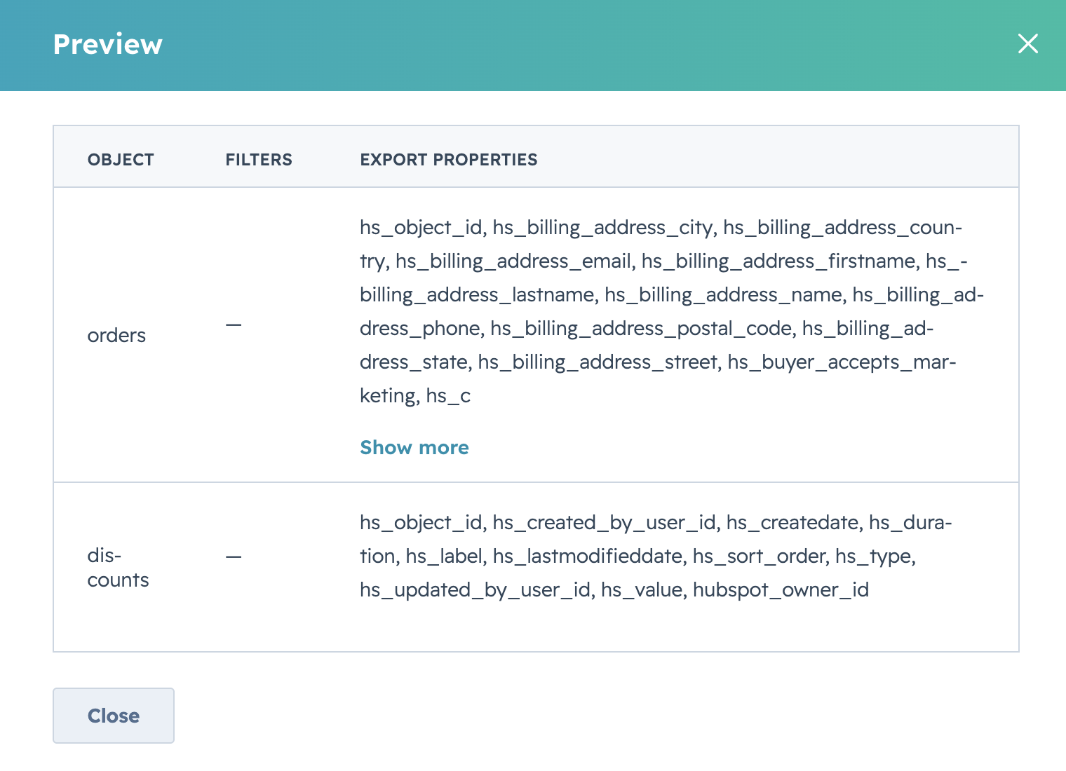 Selection preview — Export Properties summary