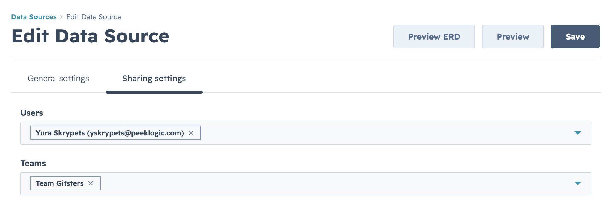 Create Data Source — Sharing settings (Users and Teams)