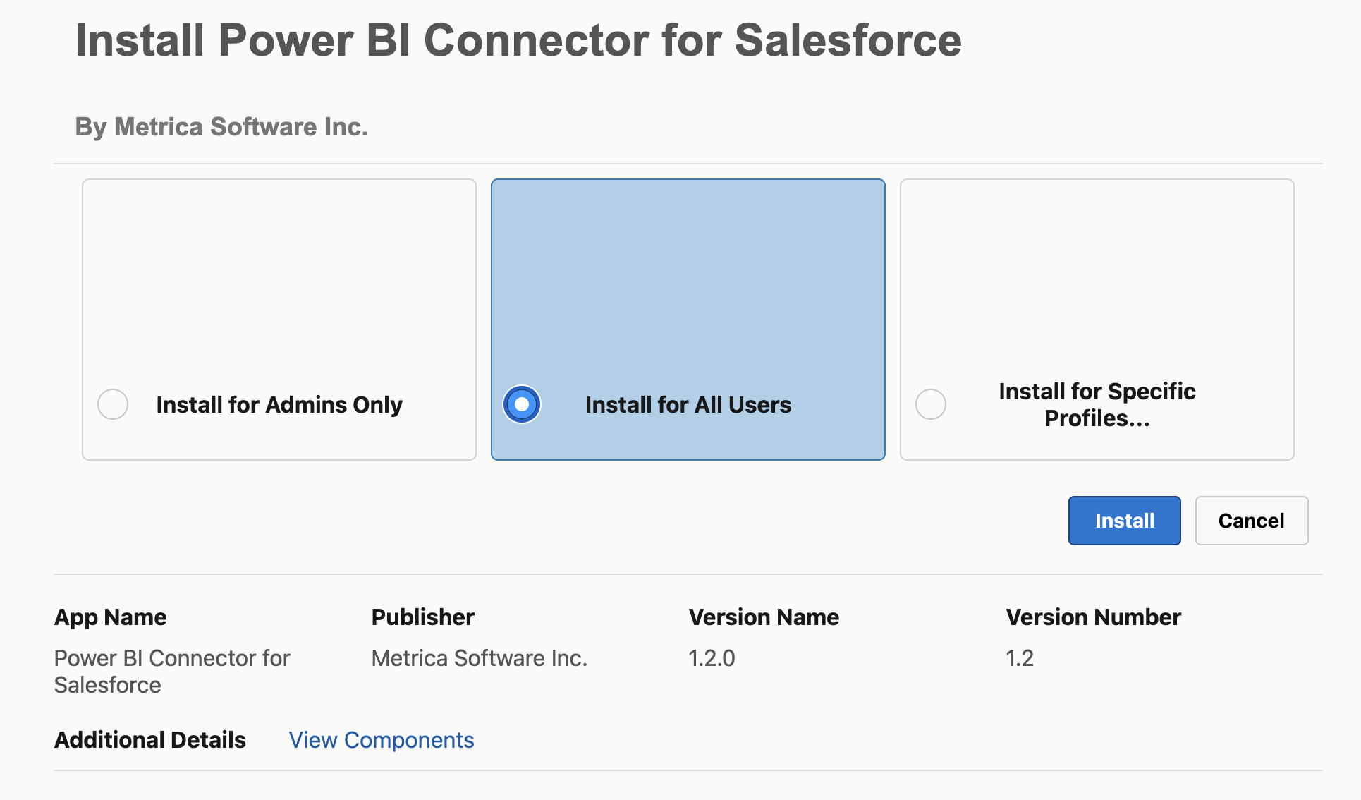 Install Power BI Connector for Salesforce: choose audience
