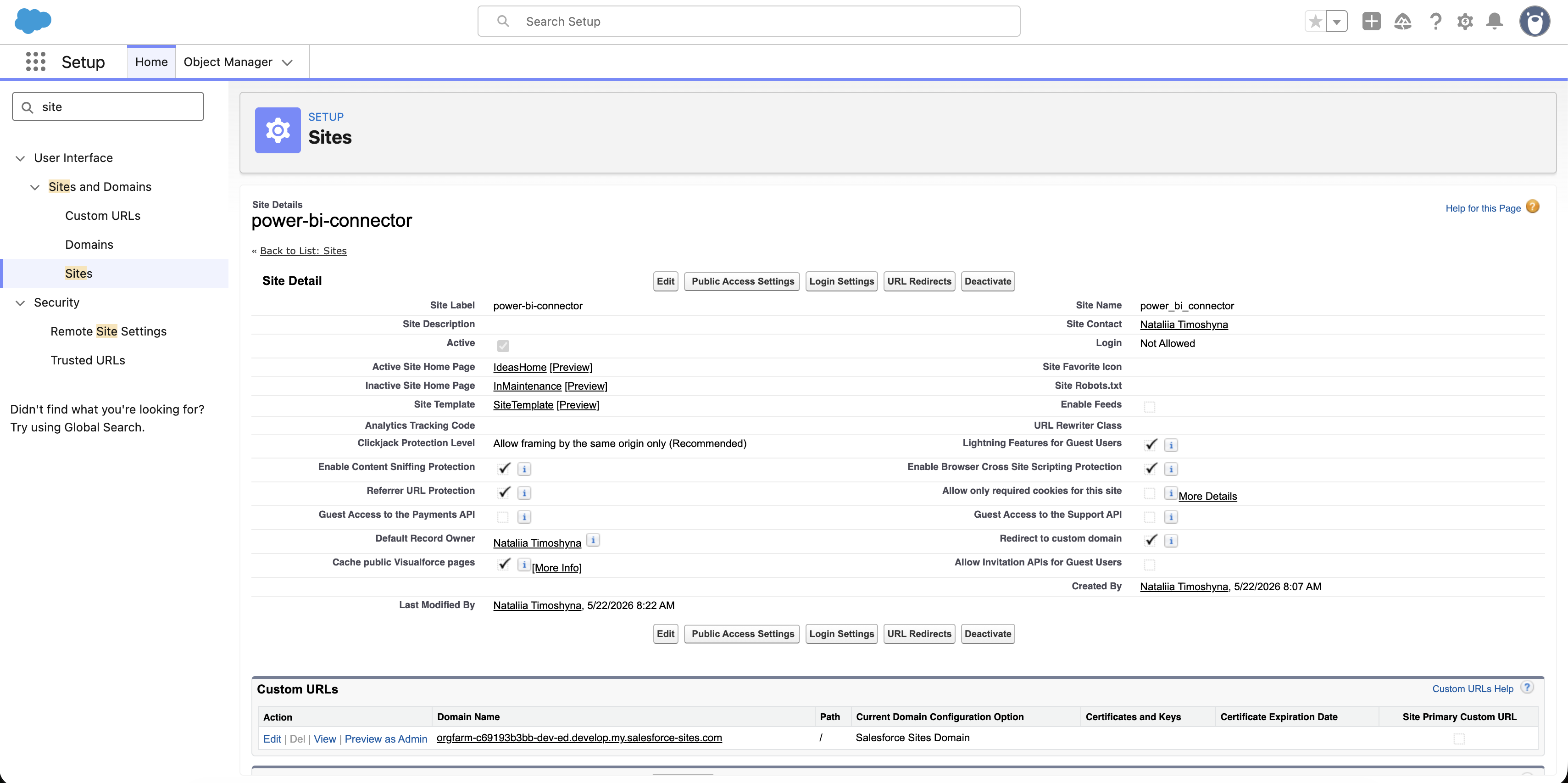 Salesforce Setup — Sites — power-bi-connector — Public Access Settings