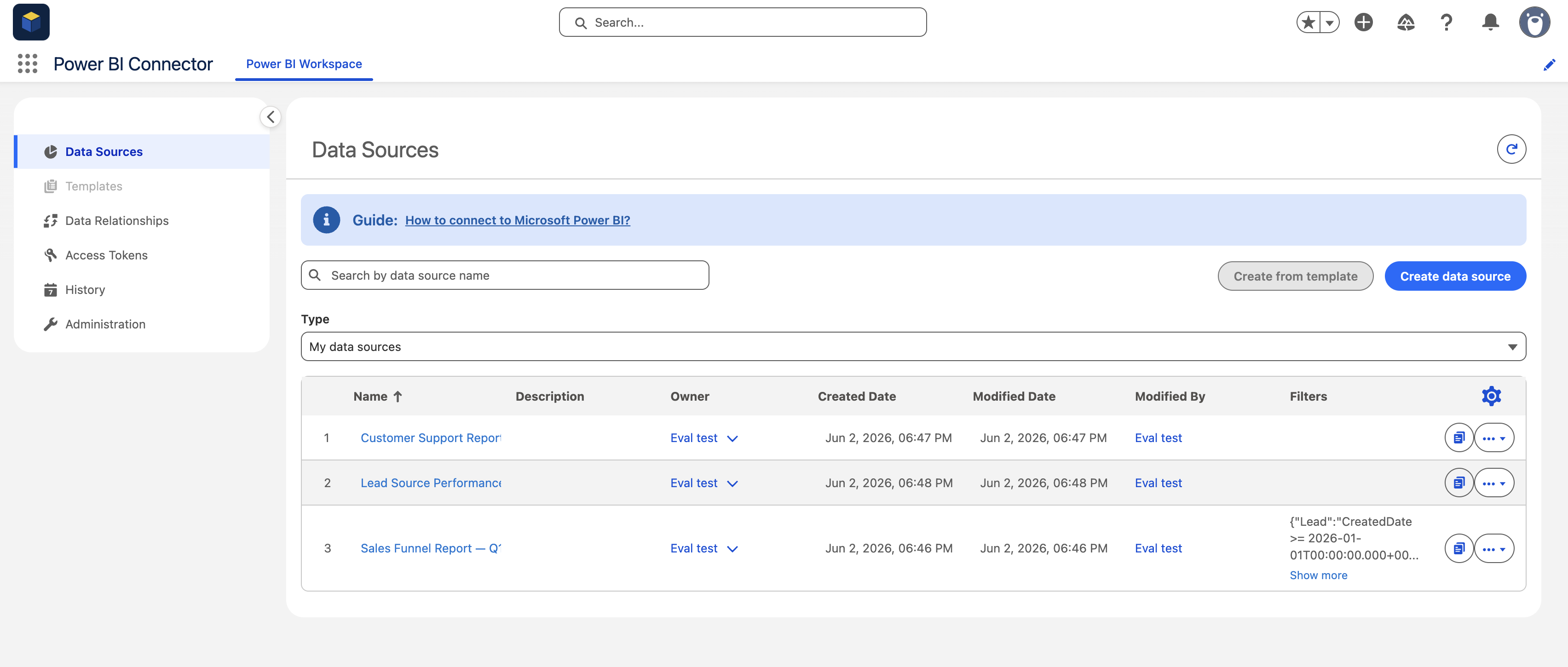 Power BI Connector workspace with sample data sources