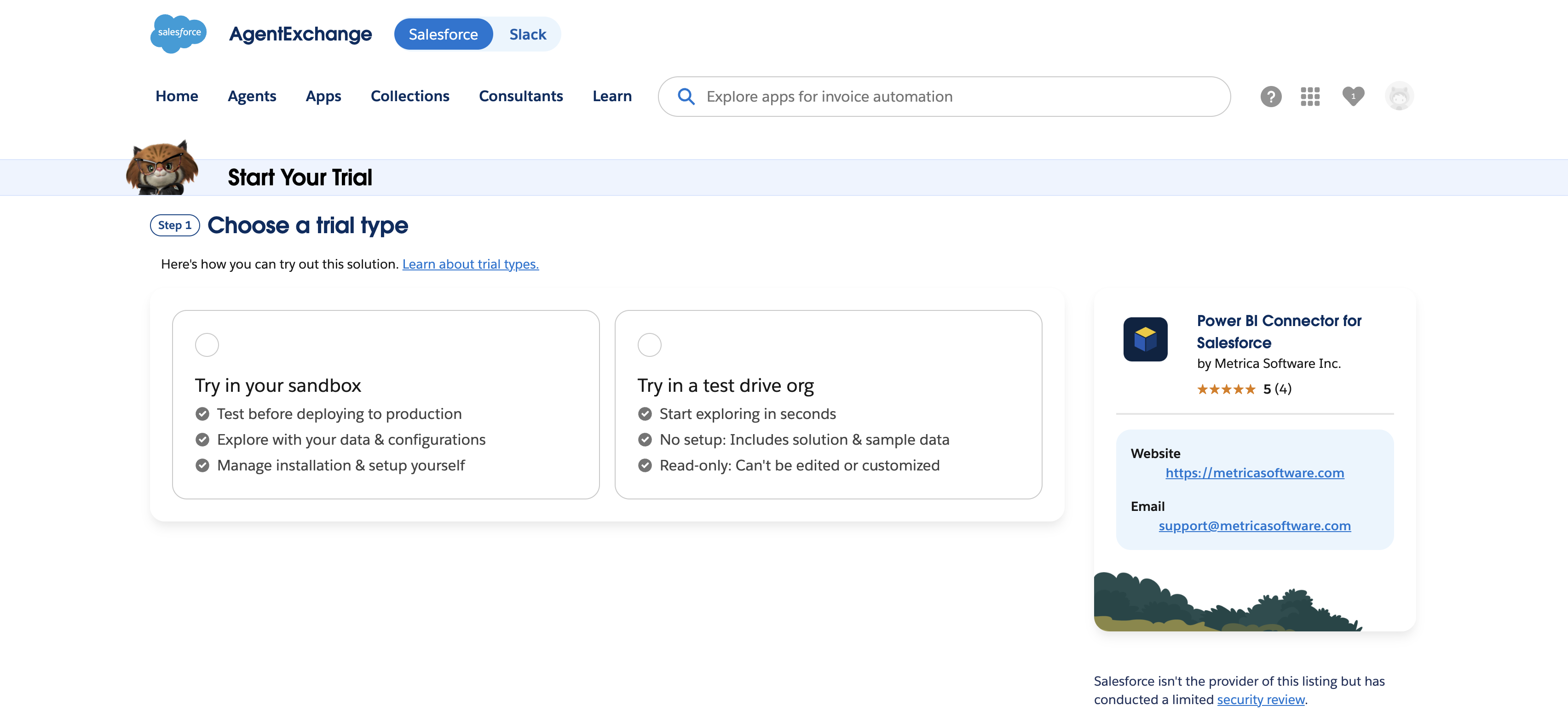 Start Your Trial: choose a trial type