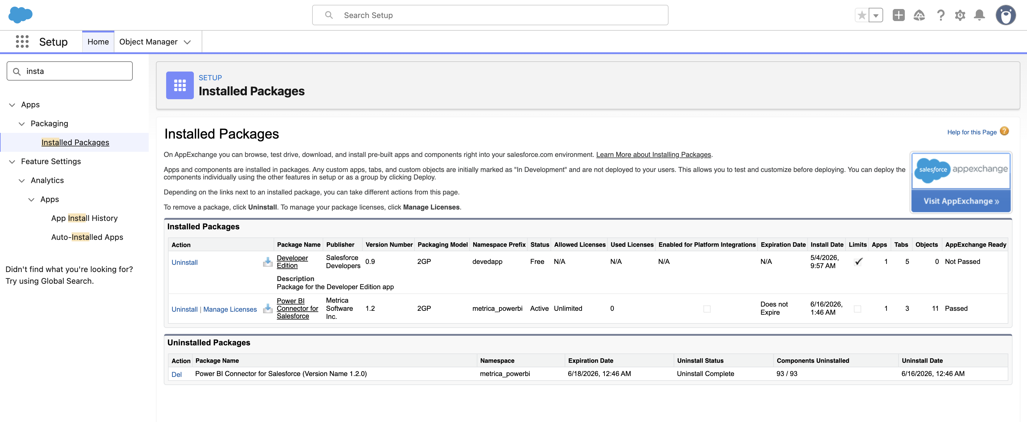 Setup: Installed Packages list with Power BI Connector for Salesforce
