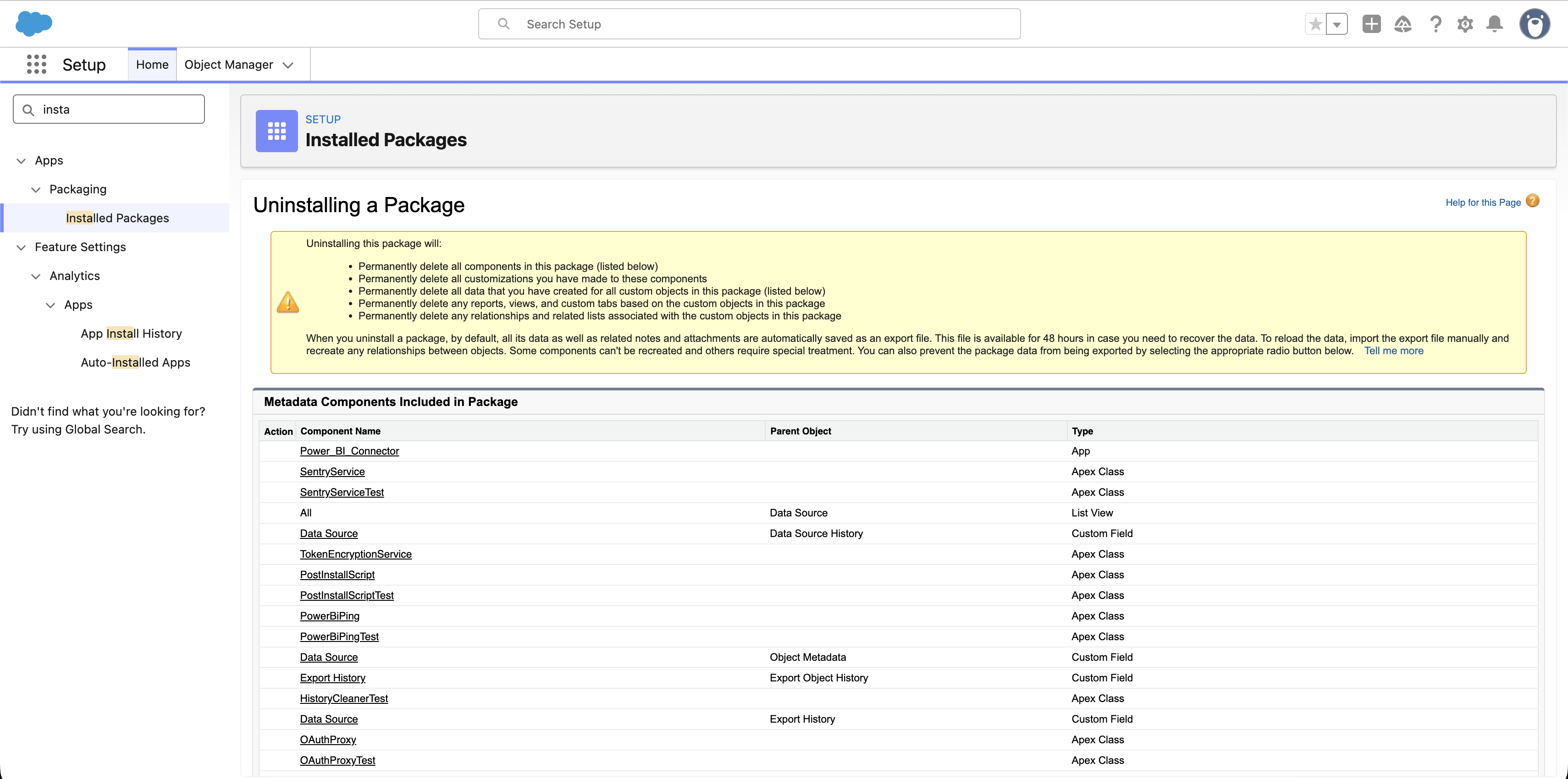Uninstalling a Package: list of components and warning