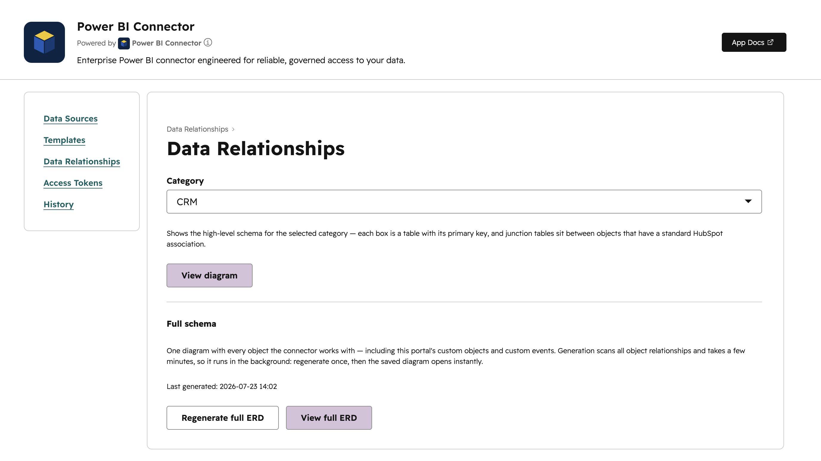 Data Relationships page — per-category diagram and Full schema controls
