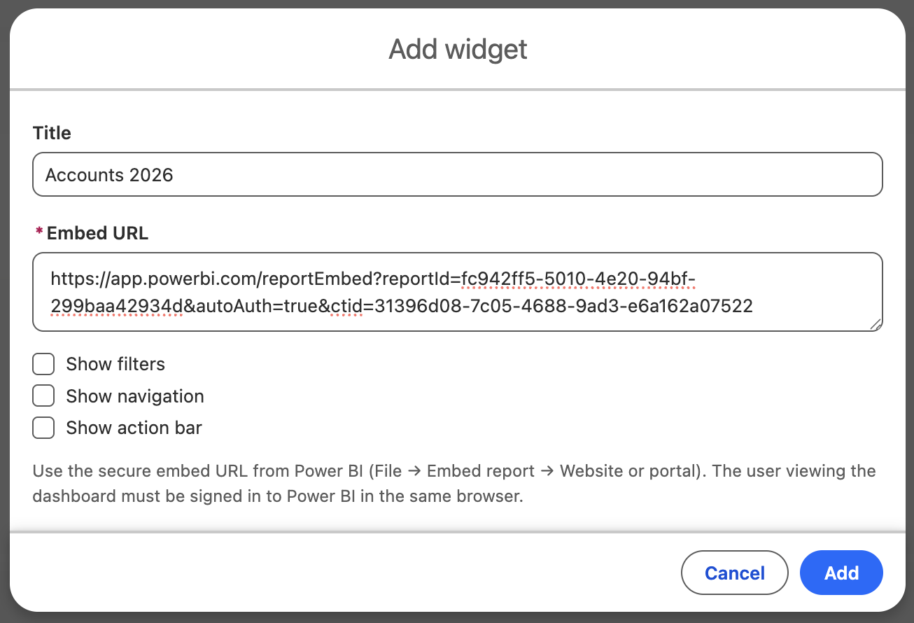 Add widget dialog with title, embed URL, and display options
