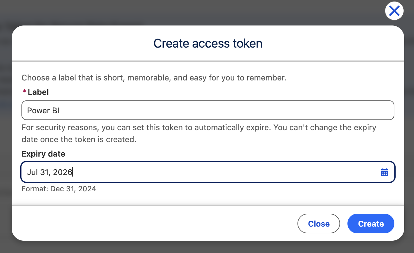 Create access token dialog with label and expiry date