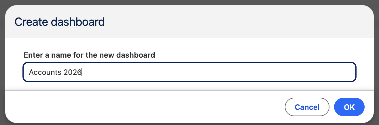 Create dashboard dialog with dashboard name field