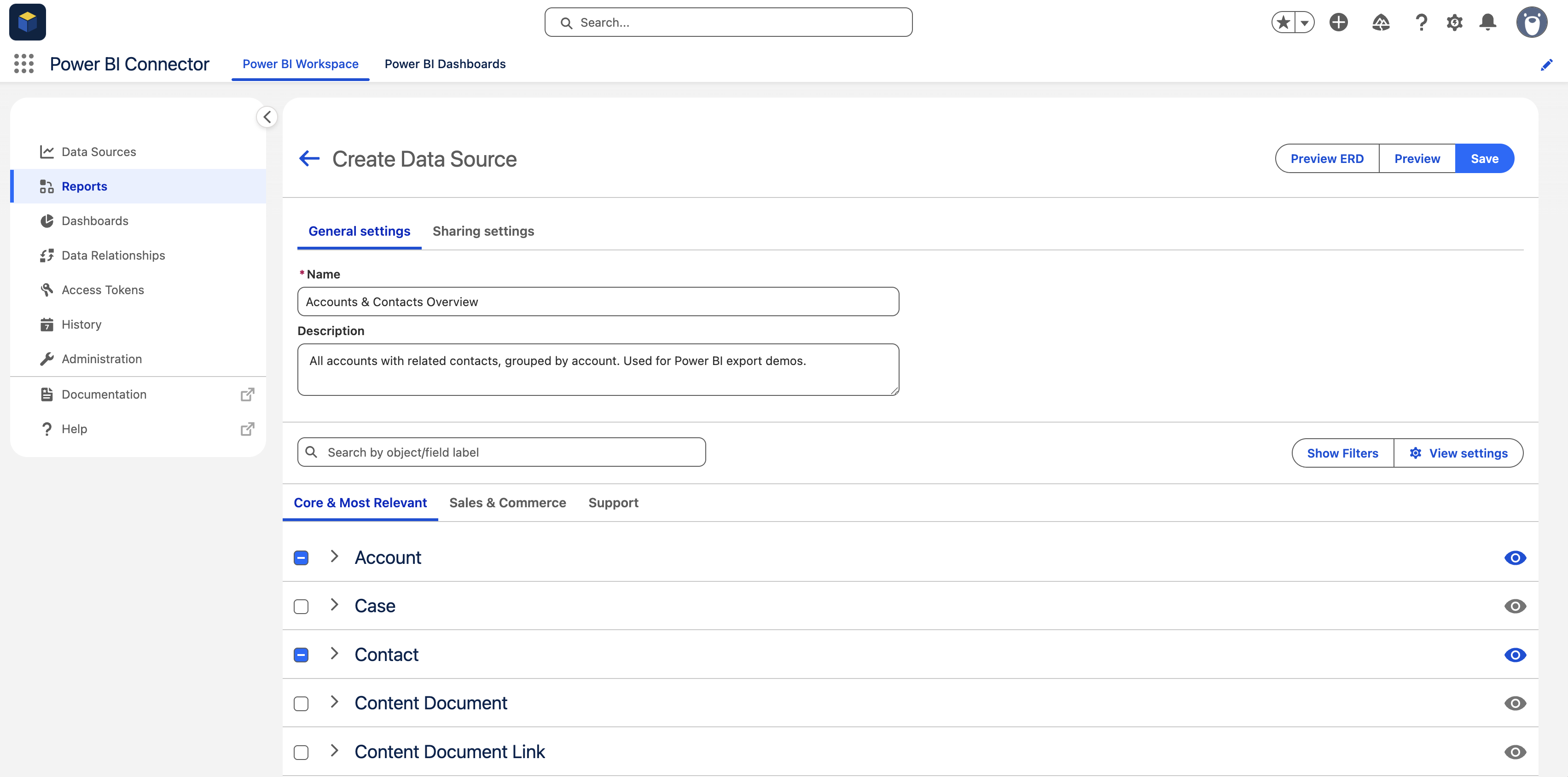 Data source editor prefilled from a Salesforce report
