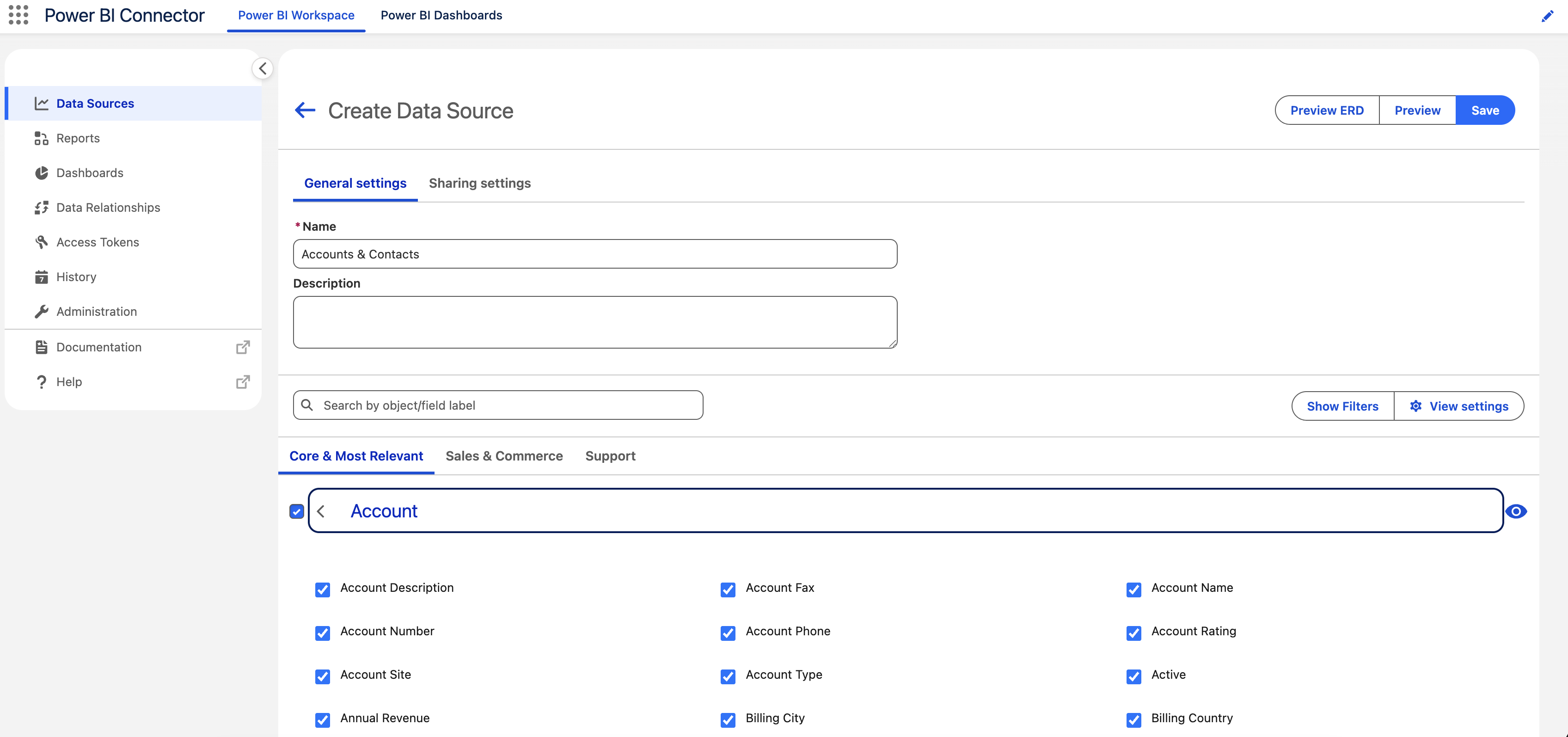 Selecting Salesforce objects and fields in the data source editor