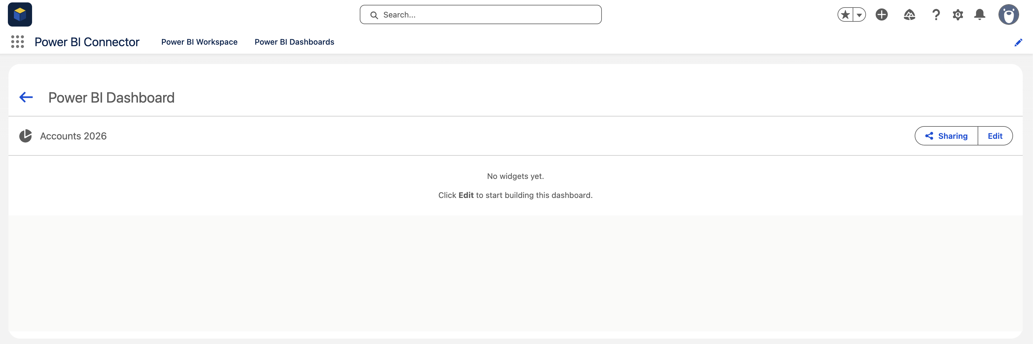 New empty Power BI dashboard with Sharing and Edit buttons