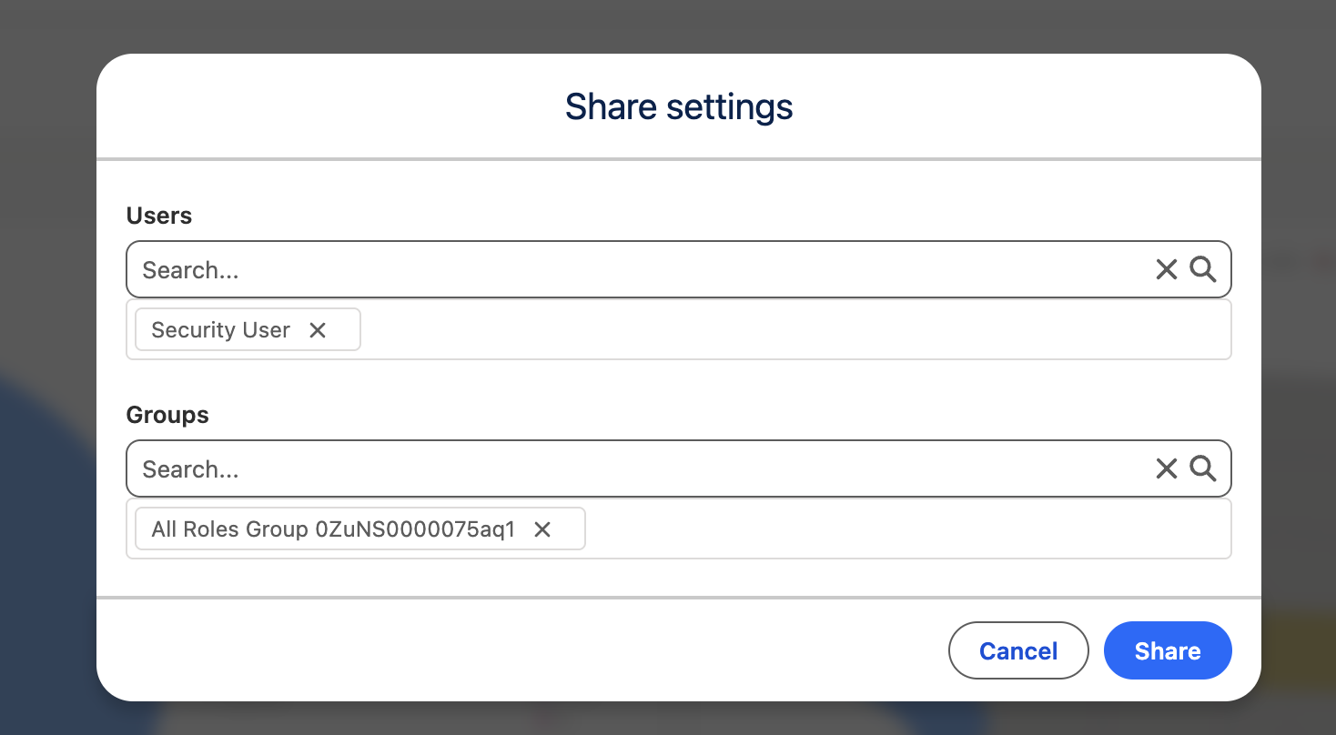 Dashboard share settings with Salesforce users and groups