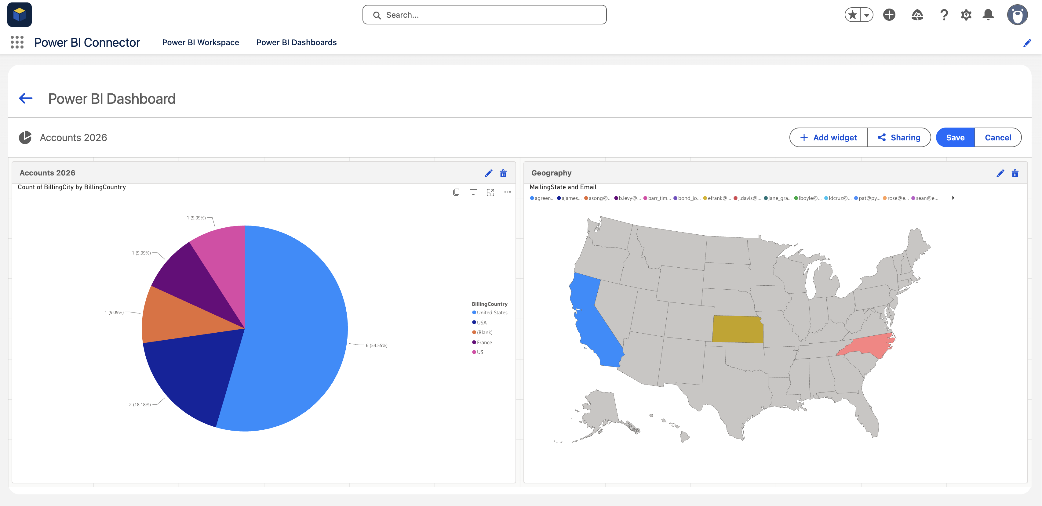 Power BI dashboard with two widgets: pie chart and map visualization
