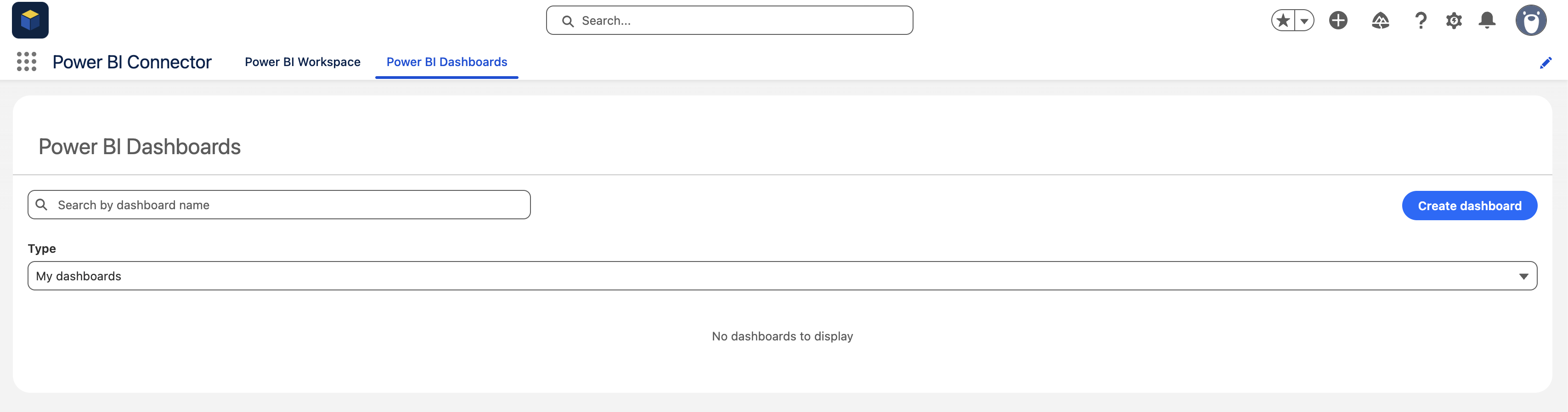 Power BI Dashboards page in Power BI Connector for Salesforce