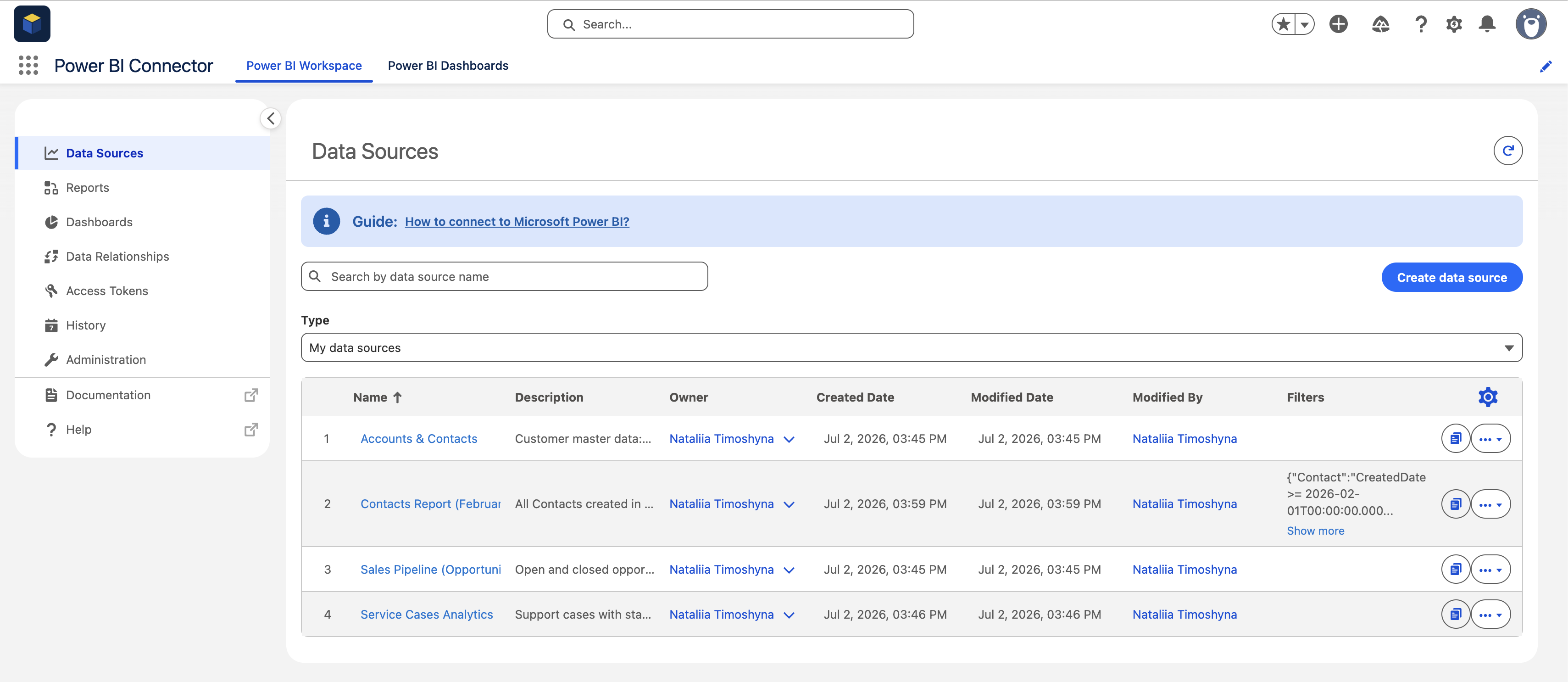 Data Sources list in Power BI Connector for Salesforce