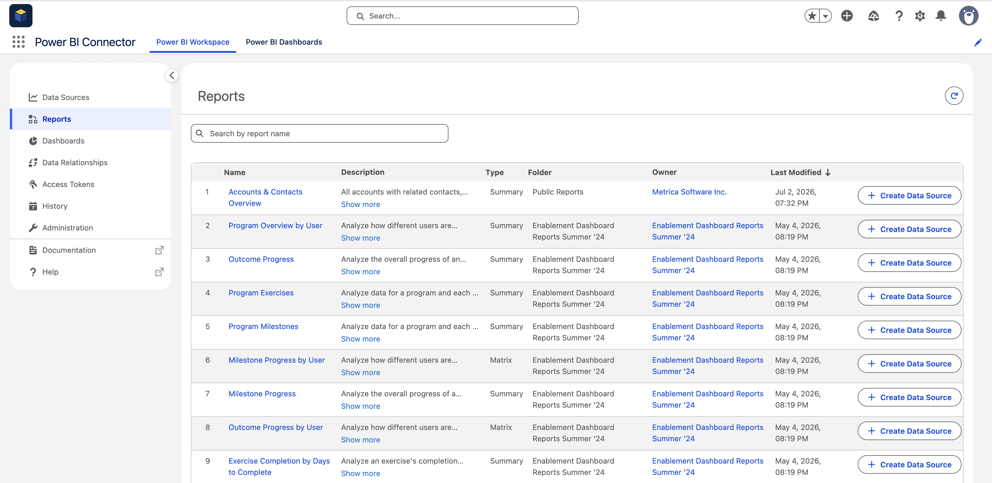 Reports list in Power BI Connector for Salesforce with Create Data Source buttons