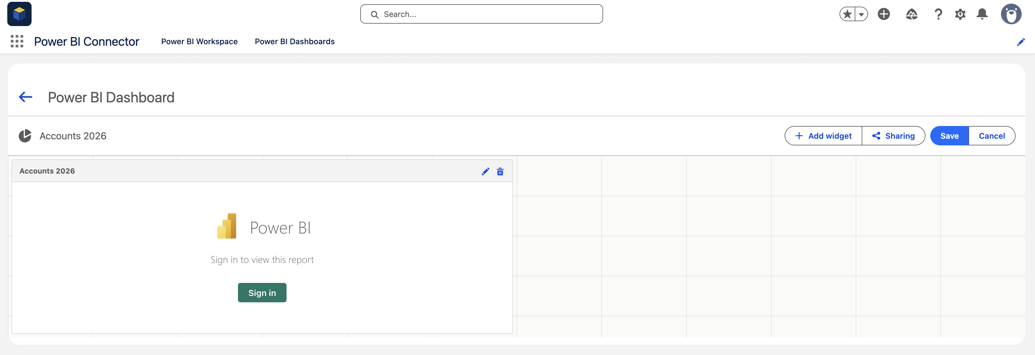 Dashboard widget showing Power BI sign-in prompt