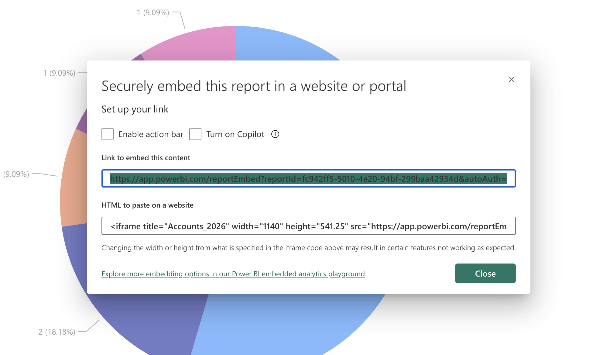 Power BI secure embed dialog with link to embed this content