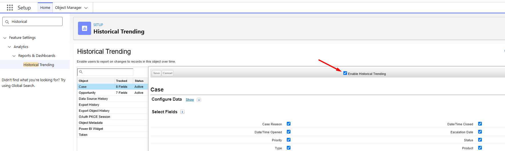 Enable Historical Trending in Salesforce Setup (Feature Settings, Analytics, Reports and Dashboards)