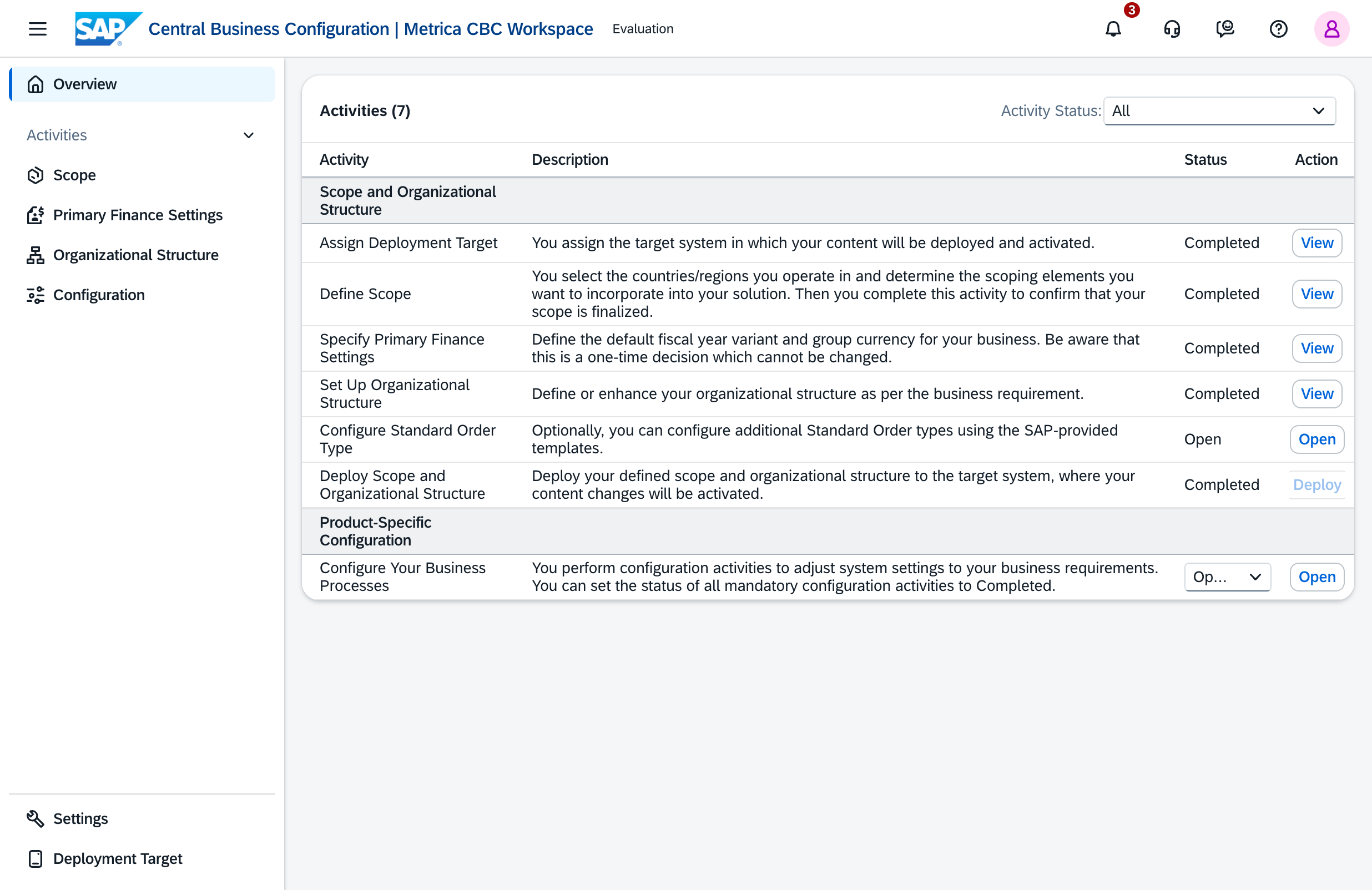 SAP Central Business Configuration - Activities overview
