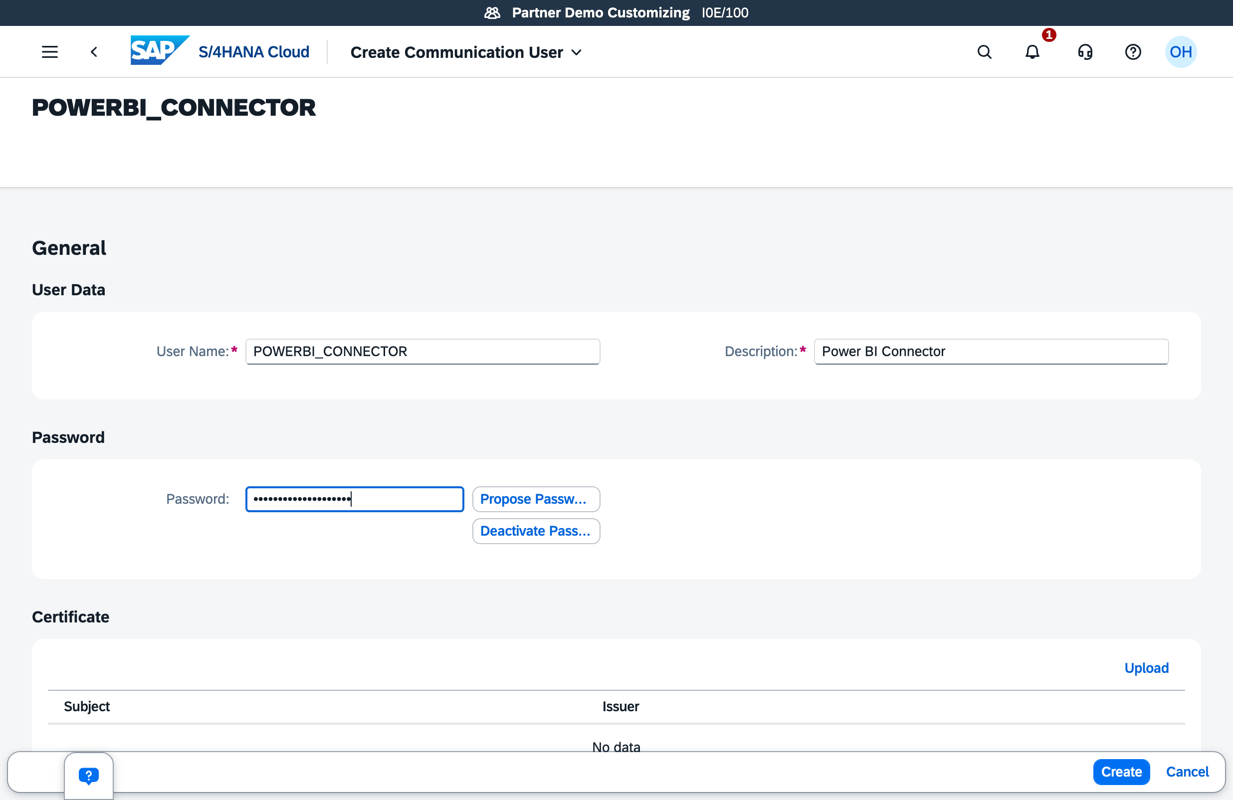 Create new communication user dialog - filled fields