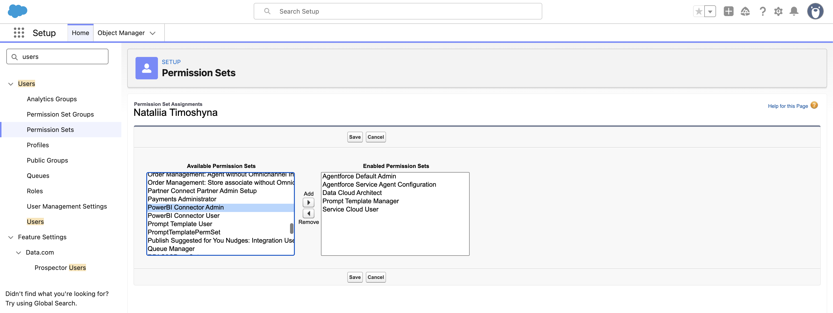 Selecting PowerBI Connector Admin in Available Permission Sets