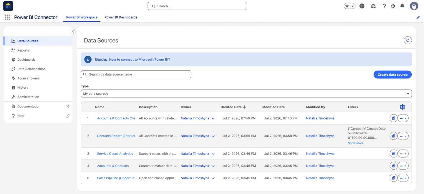 Salesforce report-based data source in the Data Sources section in Power BI Connector