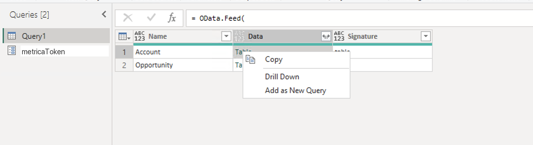 Add as New Query on a Table link