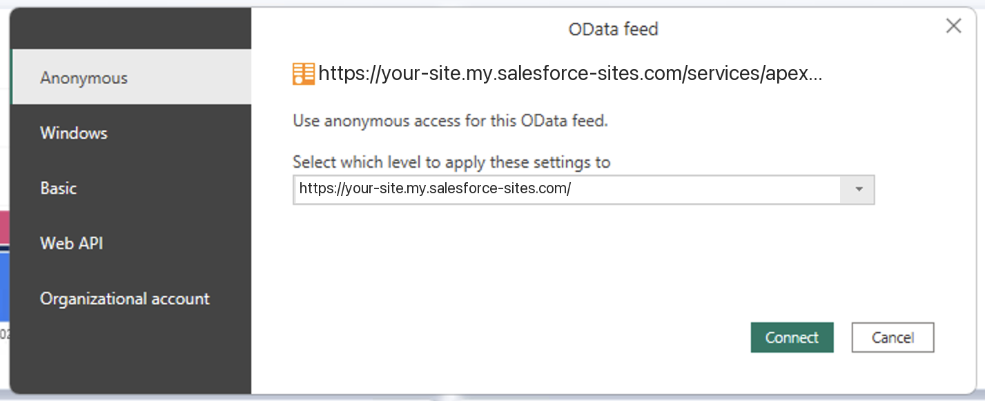 Authentication dialog with Anonymous selected